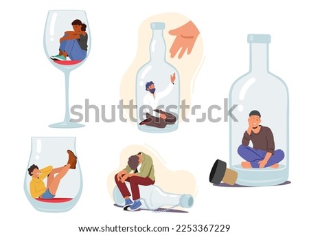 Set of People with Alcohol Addiction. Concept with Male and Female Characters Sitting on Wineglass or Bottle Bottom. Persons with Pernicious Habits and Substance Abuse. Cartoon Vector Illustration