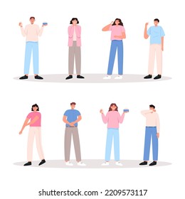 Set of people with allergy. Women and men allergy sufferers, itchy, sneezing, sick and coughing character. Food or pollen allergy. Flat vector illustration