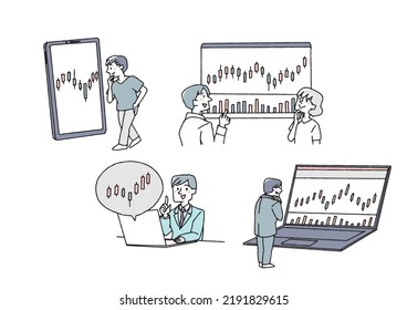 Gruppe von Leuten, die Kerzenlestick-Diagramme Comical handgezeichnet Zeichen Vector, Warmzeilenzeichnung