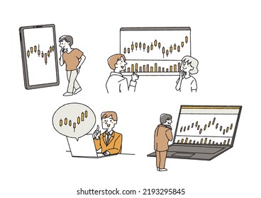 Set of people analyzing candlestick charts Comical hand-drawn characters Vector, warm line drawing