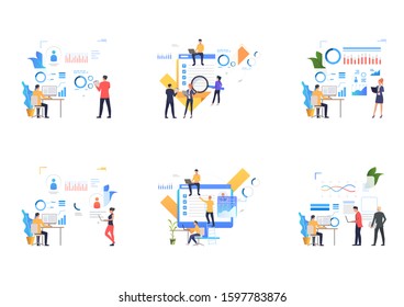 Set of people analyzing graphs and doing notes. Flat vector illustrations of statistics, taskboard, finance. Business process concept for banner, website design or landing web page