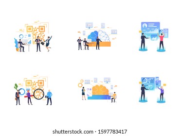 Set of people analyzing graphs and QR code. Flat vector illustrations of development, teamwork, scanning. Business analysis concept for banner, website design or landing web page
