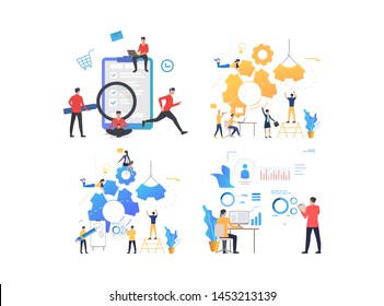 Set of people analyzing market. Group of men and women working on increase in profits. Business concept. Vector illustration can be used for presentation slide, new project, commercial