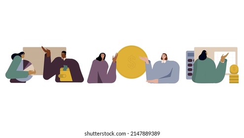 
Conjunto de personas analizando presupuesto personal o corporativo. El concepto de contabilidad financiera y cálculo de los ingresos y gastos financieros. Ilustración plana de color