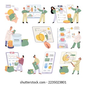 Conjunto de personas analizando presupuesto personal o corporativo. Concepto de contabilidad financiera y cálculo de los informes de ingresos y gastos financieros. Consultor financiero con documento de cálculo fiscal