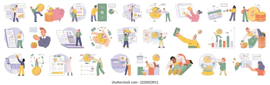 Set of people analyzing personal or corporate budget. Concept of financial accounting and calculation of income and expenses. Financial literacy and economics. Planning and distribution of money