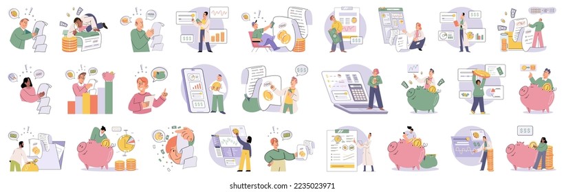 Gruppe von Personen, die das Personal- oder Firmenbudget analysieren. Konzept der Finanzbuchhaltung und Berechnung der finanziellen Erträge und Ausgaben Bericht. Finanzberater mit Dokument für die Steuerberechnung