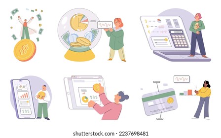 Set of people analyzing personal or corporate budget. Concept of financial accounting and calculation of income and expenses. Financial literacy and economics. Planning and distribution of money