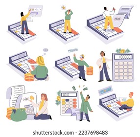 Set of people analyzing personal or corporate budget. Concept of finance accounting and calculation of financial income and expenses report. Financial consultant with document for tax computation