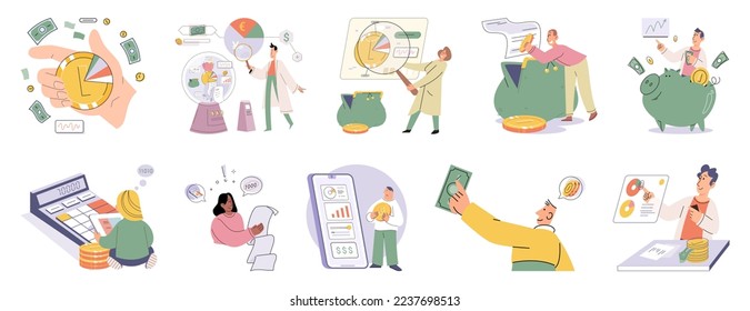 Conjunto de personas analizando presupuesto personal o corporativo. Concepto de contabilidad financiera y cálculo de los informes de ingresos y gastos financieros. Consultor financiero con documento de cálculo fiscal