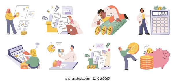 Gruppe von Personen, die das Personal- oder Firmenbudget analysieren. Konzept der Finanzbuchhaltung und Berechnung der finanziellen Erträge und Ausgaben Bericht. Finanzberater mit Dokument für die Steuerberechnung