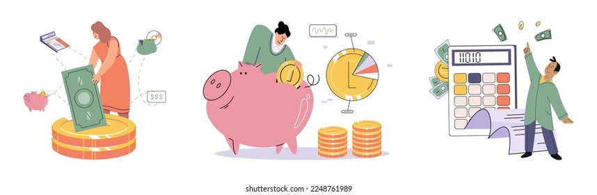 Conjunto de personas analizando presupuesto personal o corporativo. Concepto de contabilidad financiera y cálculo de los informes de ingresos y gastos financieros. Consultor financiero con documento de cálculo fiscal