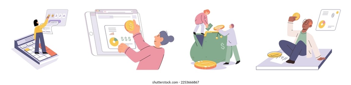 Conjunto de personas analizando presupuesto personal o corporativo. Concepto de contabilidad financiera y cálculo de los informes de ingresos y gastos financieros. Consultor financiero con documento de cálculo fiscal