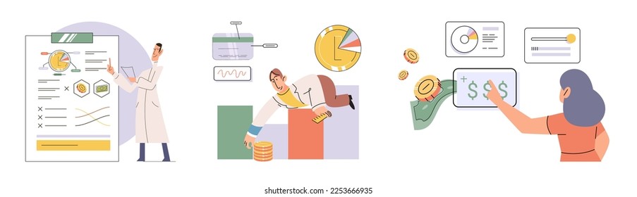Set of people analyzing personal or corporate budget. Concept of finance accounting and calculation of financial income and expenses report. Financial consultant with document for tax computation