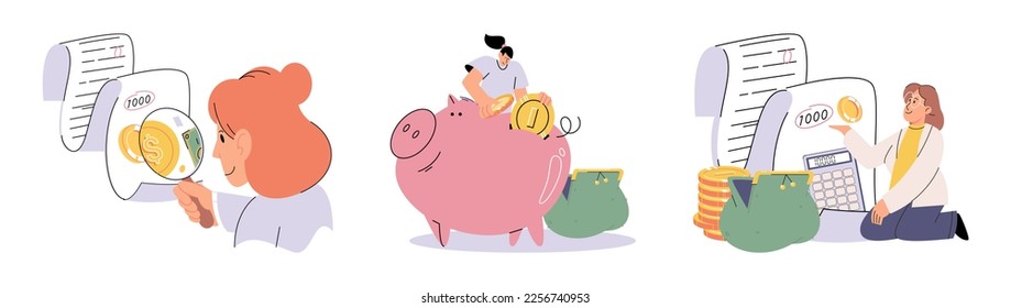 Set of people analyzing personal or corporate budget. Concept of financial accounting and calculation of income and expenses. Financial literacy and economics. Planning and distribution of money