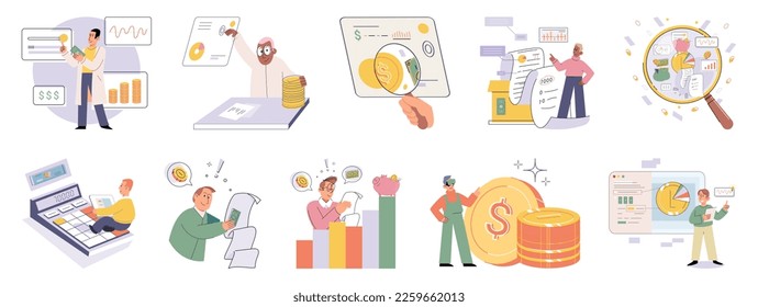 Set of people analyzing personal or corporate budget. Concept of finance accounting and calculation of financial income and expenses report. Financial consultant with document for tax computation