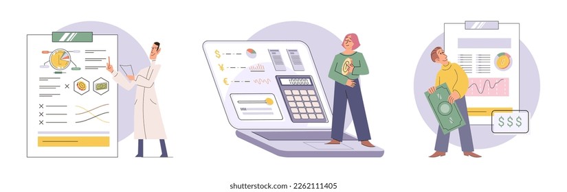 Gruppe von Personen, die das Personal- oder Firmenbudget analysieren. Konzept der Finanzbuchhaltung und Berechnung der finanziellen Erträge und Ausgaben Bericht. Finanzberater mit Dokument für die Steuerberechnung
