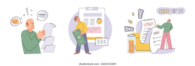 Conjunto de personas analizando presupuesto personal o corporativo. Concepto de contabilidad financiera y cálculo de los informes de ingresos y gastos financieros. Consultor financiero con documento de cálculo fiscal