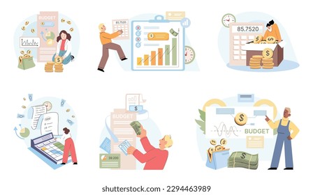 Set of people analyzing personal or corporate budget, cash revenue and costs . Concept of finance accounting and calculation of financial income and expenses report, assets, equity, earnings