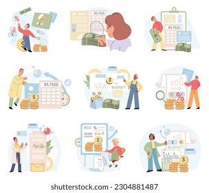 Set of people analyzing personal or corporate budget, cash revenue and costs . Concept of finance accounting and calculation of financial income and expenses report, assets, equity, earnings