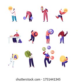 Set of People Applying Vitamins and Microelements. Male and Female Characters Study, Sports Exercising, Eating Healthy Food. Men and Women Isolated on White Background. Cartoon Vector Illustration