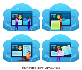 Grupo de personas y alerta de horario de cita en computadora o smartphone, dibujando en personaje de caricatura, ilustración vectorial