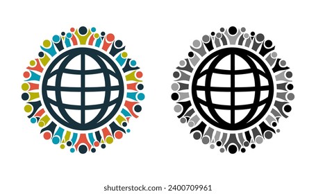 Set people Around Globe. Unity Symbol, teamwork concept. Vector illustration. 