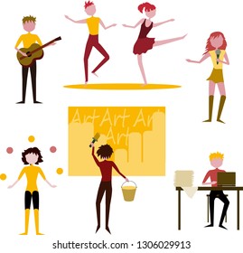 set of people art professions, artist. writer, dancers, juggler, musician on a white background.
