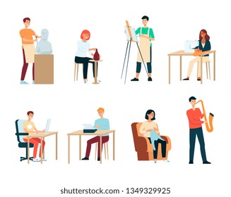 Set of people with artistic occupations cartoon style, vector illustration isolated on white background. Collection of men and women with creative professions or hobbies