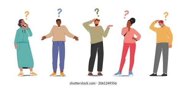 Set Of People Asking Questions, Searching Information, Male And Female Characters With Question Marks Over Head. Students And Businesspeople Mental Research, Curiosity. Cartoon Vector Illustration