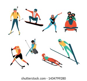 Set of people athletes winter sports. Skiing, snowboarding, skating and more. Vector flat illustration