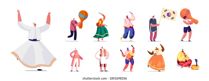 Set of People in Authentic National Costumes with Music Instruments. Male and Female Characters Dancing, Playing Music and Perform Show Isolated on White Background. Cartoon Vector Illustration