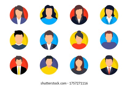  Set of People avatar faces. Avatar Profile Man and Woman. Different human face icons for video game, Internet forum, account. User picture, face icons, picture to represent online user in social net