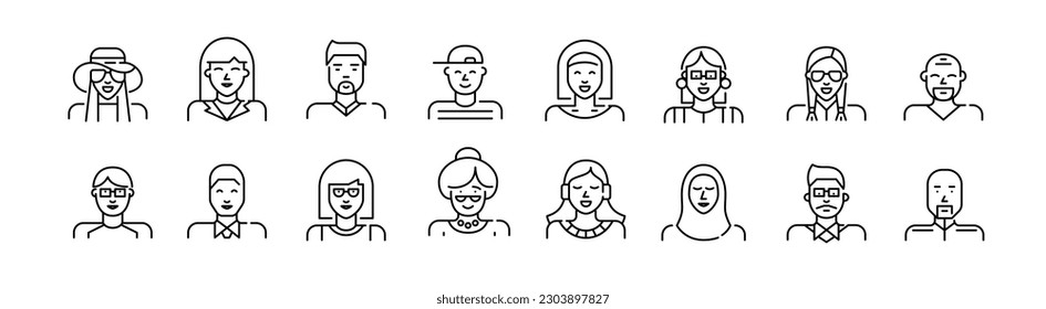 Set of people avatar icons. Pixel perfect, editable stroke line icons set