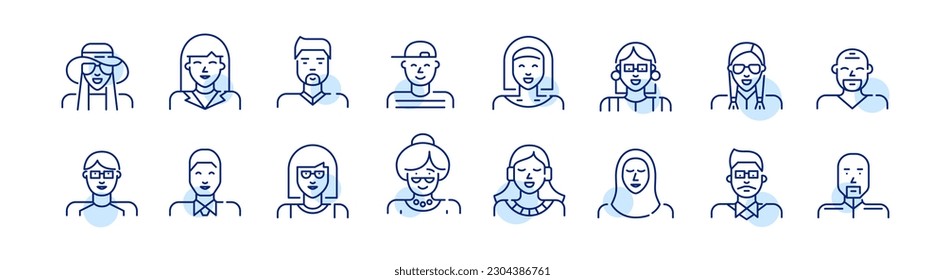 Conjunto de íconos de avatares de personas. Iconos de trazo de píxeles perfectos y editables