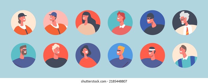 Set of People Avatars, Adult and Kids Male or Female Characters. Men or Women with Short and Long Hair, Bearded, Blonde and Brunettes Portraits. Cartoon Vector Illustration, Isolated Round Icons