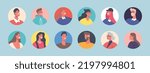 Set of People Avatars, Characters of Different Ages and Appearance. Little, Young, Mature and Senior Men and Women Portraits for Social Media. Cartoon Vector Illustration, Isolated Round Icons.