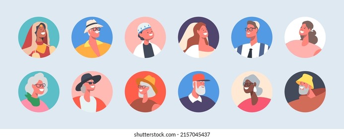 Set of People Avatars Different Religion, Tradition and Ethnicity. Isolated Round Icons of Male and Female Characters Portraits. Indian, Jewish, European Men and Women. Cartoon Vector Illustration