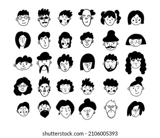 Set of people avatars in doodle style. 30 portraits of boys, men, girls, women, transgender people. Different ages. Vector illustration, hand drawn