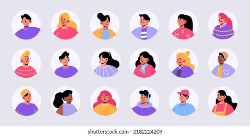 Set people avatars, faces of male and female characters. Young men or women portraits for social media and web design, diverse persons, teens isolated round icons, Line art flat vector illustration