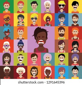 Set of people avatars in flat style with faces. Vector women, men with color background 05