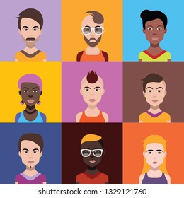 Set of people avatars in flat style with faces. Vector women, men with color background