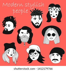 Set of people avatars in flat style. Portraits of various men and women. Trendy black and white icons collection. Vector illustration.