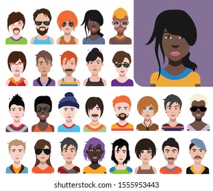 Set of people avatars, icons in flat style with faces. Vector women, men character - Vector
