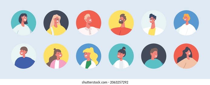 Set of People Avatars, Isolated Round Icons. Male and Female Characters with Different Appearance. Men, Women, Girls or Boys Portraits for Social Media and Web Design. Cartoon Vector Illustration