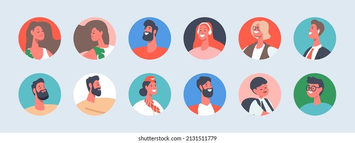 Set of People Avatars, Isolated Round Icons. Male and Female Characters with Different Appearance, Social Status and Ages. Men, Women, Teens, Girls or Boys Portraits. Cartoon Vector Illustration