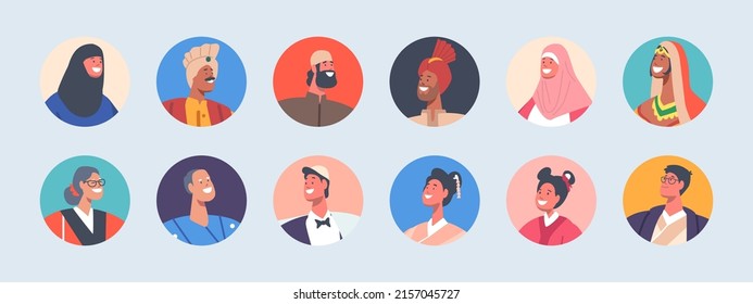 Set of People Avatars, Isolated Round Icons. Male and Female Characters of Different Religion and Ethnicity. Muslim, Asian, Jewish, Indian Men and Women Portraits. Cartoon Vector Illustration