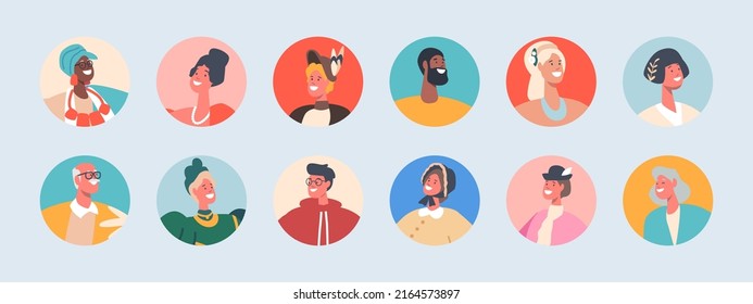 Set of People Avatars, Isolated Round Icons. Male and Female Characters with Different Culture and Ethnicity. Old and Young Men and Women, Portraits for Web Design. Cartoon Vector Illustration