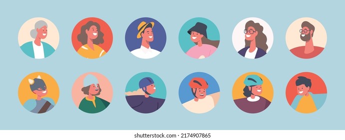 Set Of People Avatars, Isolated Round Icons Of Kids, Young And Senior Male And Female Characters With Different Appearance. Men, Women, Girls Or Boys Portraits. Cartoon Vector Illustration