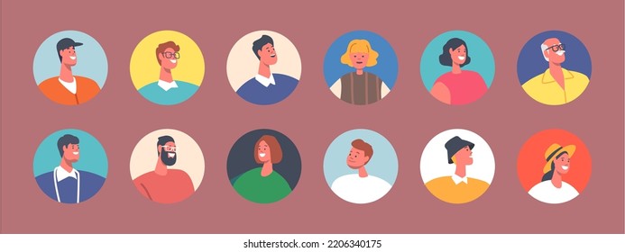 Set of People Avatars, Isolated Round Icons. Male and Female Characters with Different Appearance, Social Status and Ages. Seniors, Men, Women, Teens, Girls or Boys. Cartoon Vector Illustration